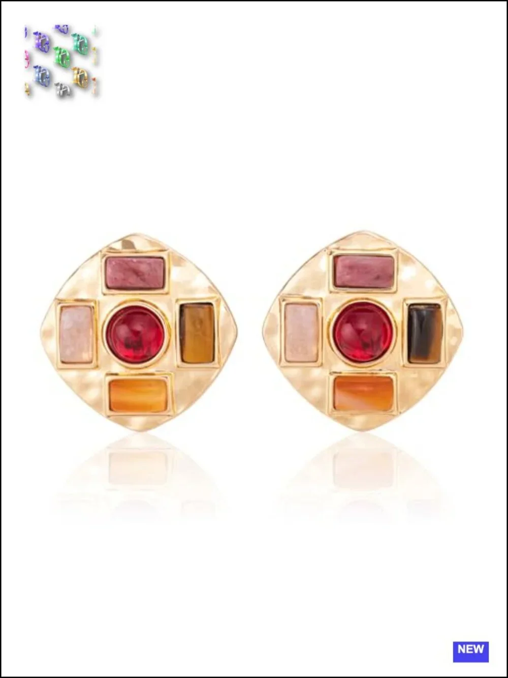 Geometric Large Stud Statement Earrings, Gold Tone Square Stud with Multi-Color